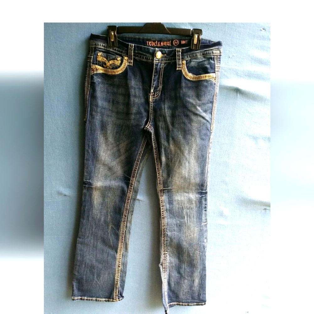 Rebel Soul Junior's Size 11 Detailed Bootcut Blue Jeans T22